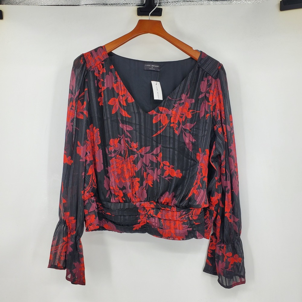 Lane Bryant Black Red Floral Metallic Chiffon Blouse V-Neck Smocked Hem Size 20